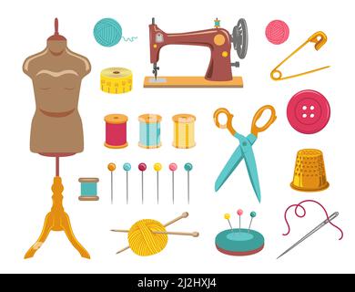 Sewing and knitting, needlework set. Vector illustrations of tailor equipment and supplies. Cartoon needle yarn thread pin button scissors mannequin i Stock Vector