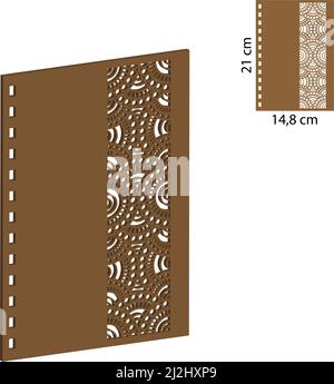 Wooden Notebook with Wood Art laser cut. A5 Spiral Notebook with Wooden Cover. Wooden Journal laser cut file. Pretty Wooden Gift. Horizontal Notebook Stock Vector