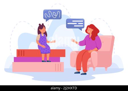 Speech language pathologist  flat vector illustration. Happy female specialist helping girl overcome articulation problems. Basic language skills, spe Stock Vector