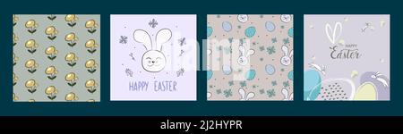 Happy Easter banner. Trendy Easter design with typography, hand drawn strokes and eggs, bunny ears, patterns in pastel colors. Patterns with flowers Stock Vector
