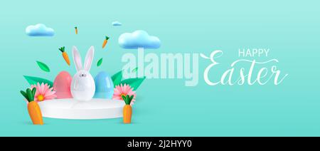 Happy Easter holiday background. Festive design with realistic 3D bunny and decorative elements. Spring leaves and eggs. Flying carrot. Vector Stock Vector