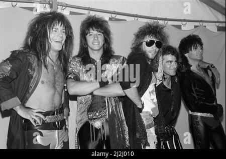 Bon Jovi pictured at Monsters of Rock, Castle Donington. David Bryan, Richie Sambora, Jon Bon Jovi, Tico Torres, and Alec John Such. 22nd August 1987. Stock Photo