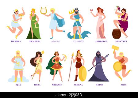 Ancient Greek gods and goddesses cartoon illustration collection. Zeus, Poseidon, Athena, Dionysus, Aphrodite, Demetra characters isolated on white ba Stock Vector