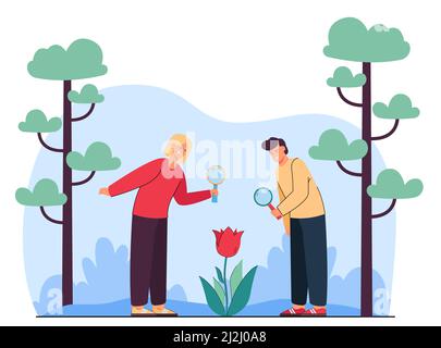 Cartoon students looking at flower through magnifying glass. Cute boy and girl watching plant, young biologists flat vector illustration. Biology, nat Stock Vector