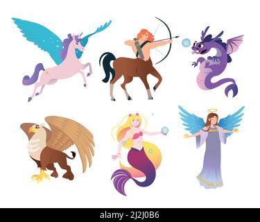 Ancient Greek monsters flat vector illustrations set. Mythical creature characters, centaur, Pegasus, mermaid, dragon, angel, griffin isolated on whit Stock Vector