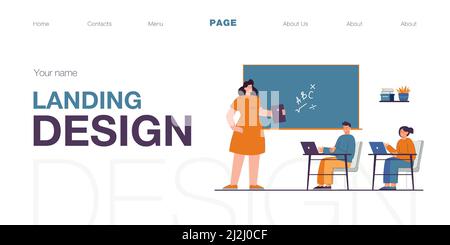 Children using gadgets during math lesson in classroom. Flat vector illustration. Kids with laptops on desks listening to teacher, talking and holding Stock Vector