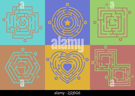 Colorful labyrinth of different shapes cartoon illustration set. Heart, square, oval and round maze, puzzle or riddle for finding right way, exit or d Stock Vector