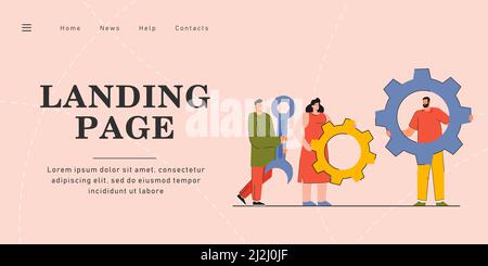 Colleagues holding gear-wheels and wrench. Tiny cartoon woman and men holding tools, working together. Teamwork, togetherness concept for banner, webs Stock Vector