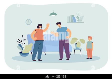 Angry husband and wife sorting things out in front of child. Flat vector illustration. Sad little son watching mother and father arguing. Family, rela Stock Vector