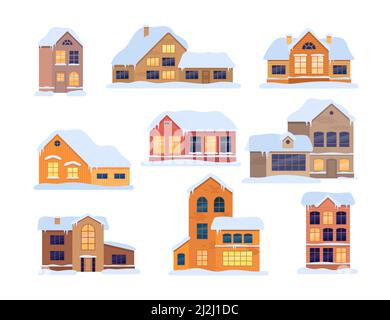 Cute houses in winter town set. Vector illustrations of Christmas buildings on street. Cartoon roof with snow, windows with lights on facades isolated Stock Vector