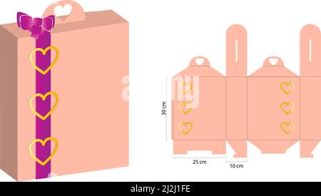 Gift box with handle Prepared for real cardboard production. (Internal measurement 25x30x10cm) With Vector Illustration of the Gift Box. Stock Vector