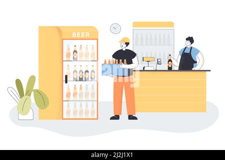 Deliveryman holding crate of fresh beer in shop. Courier carrying box with bottles of alcoholic drink, man at counter flat vector illustration. Alcoho Stock Vector