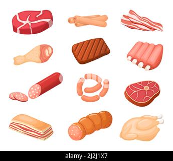 Different meat cartoon products vector set. Chicken, sausages and bacon. Steaks, pork and ribs collection. Beef, ham, fillet and lamb, product ingredi Stock Vector