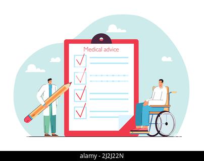 Doctor giving advice to patient with disability flat vector illustration. Medic using pen ticking points in check list for treatment. Medical check up Stock Vector