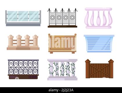 Different types of balcony railing vector illustrations set. Vintage and modern glass or iron handrails or fences for stairs or terrace with balusters Stock Vector