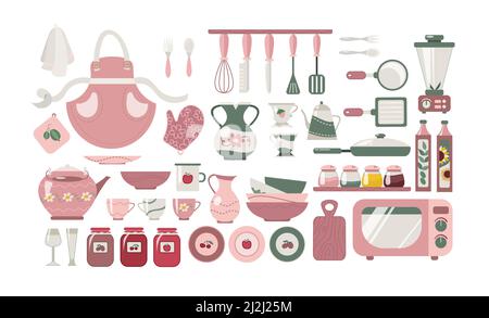 Different kitchen or household items vector illustrations set. Decorative clay or ceramic pottery or tableware: cups, dishes, mugs, bowls, jug isolate Stock Vector