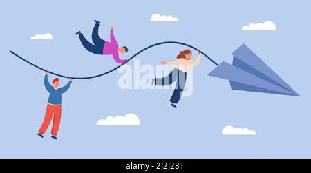Employees flying ahead on paper airplane to business goal. Journey of tiny people hanging on rope to tomorrow among clouds in sky flat vector illustra Stock Vector
