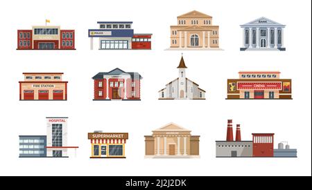 Exterior of city buildings flat vector illustrations set. Modern facades of town hall, museum, fire and police station, hospital, school isolated on w Stock Vector