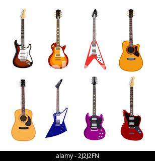 Acoustic and electric guitars flat vector illustrations set. Collection of musical instrument with strings designs for bands isolated on white backgro Stock Vector