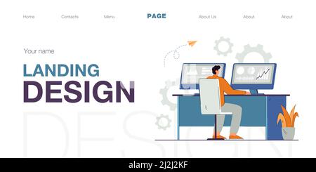 Flat vector illustration of stock trader working on computer with graphs. Man investor using PC analyzing charts diagrams on exchange market. Finances Stock Vector