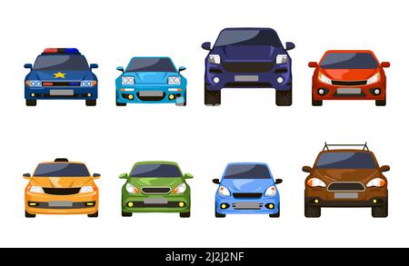 Front view of cars set. Vector illustrations of sedan auto vehicles isolated on white. Modern automobile transport for urban roads. Collection with su Stock Vector