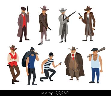 Gangster and mafia cartoon characters vector illustrations set. Killers and criminals in hats, mafia boss, bodyguard, people in masks with pistols iso Stock Vector