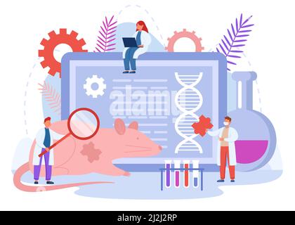Genetic research of tiny scientists on laboratory animals. People testing new technology on dna of lab mouse flat vector illustration. Genetic enginee Stock Vector