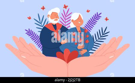 Giant hands supporting happy adult couple.  Medical help for parents or senior patients flat vector illustration. Elderly care, wellness, family, reco Stock Vector