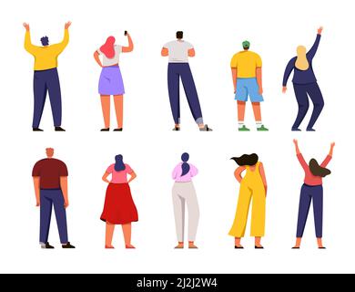 Back view of different people vector illustration set. Men and women standing, watching, waving hands, taking photo on phone,  diversity actions, casu Stock Vector