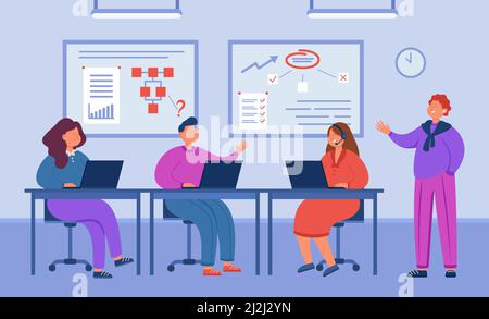 Girls and boy looking at monitors during programmers lesson. Software developing company team working out app flat vector illustration. Teaching, lear Stock Vector