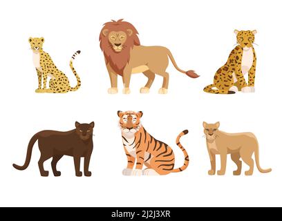 Big cats of Africa and North America vector illustrations set. Cartoon tiger, African lion, cheetah, panther, American jaguar, cougar isolated on whit Stock Vector
