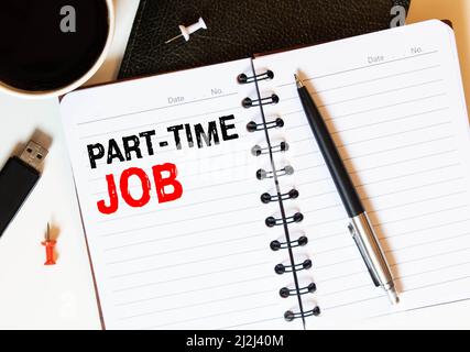 Conceptual hand writing showing Part Time Job. Business photo text Weekender Freelance Casual OJT Neophyte Stint Seasonal Open notebook jute backgroun Stock Photo