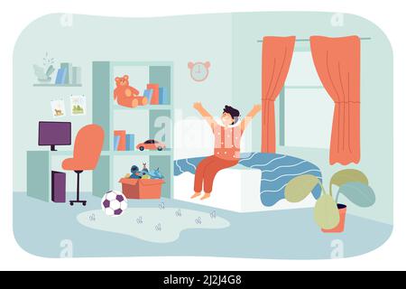 Little kid waking up in morning sunlight in home bedroom. Happy child in pajamas sitting on bed, boy stretching after waking up with yawn flat vector Stock Vector