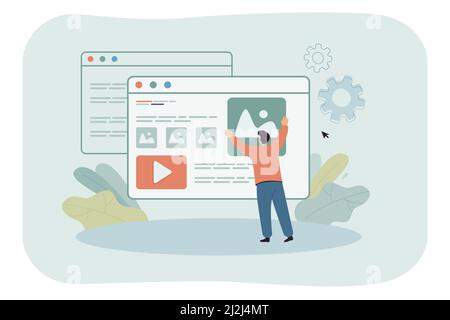 Male cartoon content creator publishing new post online. Man adding information to personal blog flat vector illustration. Digital content, social med Stock Vector