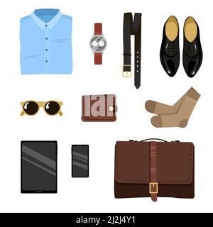 Male clothes for office work. Set of formal business accessories, clothes for official duty vector illustration. Belt, wallet, shoes, briefcase, shirt Stock Vector