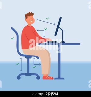 Correct sitting. Computer posture, office ergonomics at work desk ...