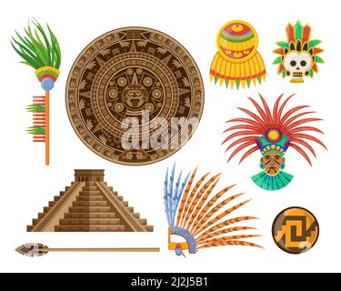 Maya elements cartoon vector illustration set. Icons of ancient pyramid, Aztec calendar, eagle feather masks and stone. Ethnic culture, Mexico art, In Stock Vector