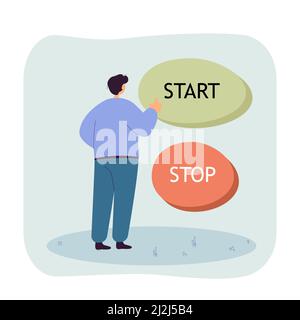 Man standing in front of huge start and stop buttons. Male character pushing button, making decision flat vector illustration. Choice, startup concept Stock Vector