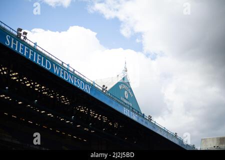 Sheffield, UK. 02nd Apr, 2022. A view of the Sheffield Wednesday clock face inside Hillsborough Stadium, Home Stadium of Sheffield Wednesday in Sheffield, United Kingdom on 4/2/2022. (Photo by Ben Early/News Images/Sipa USA) Credit: Sipa USA/Alamy Live News Stock Photo