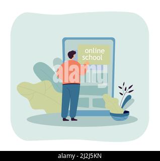 Online school student standing in front of huge smartphone. Male character studying remotely flat vector illustration. Online education, technology co Stock Vector