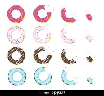 Multicolored donuts with glaze, varying degrees of eaten. Cartoon vector illustration. Set of strawberry and chocolate ring-shaped dough snacks, top v Stock Vector