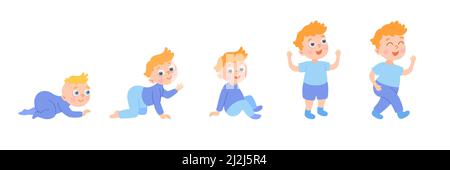 Process of cartoon child growth from little baby to boy. Drawings of human physical development, vector illustrations set. isolated on white backgroun Stock Vector