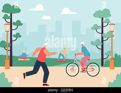 Old athlete men and women running in city park, riding bicycle, doing active exercises. Active grandmothers in nature flat vector illustration. Health Stock Vector