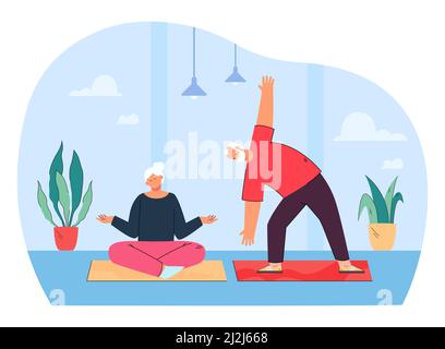 Active sporty elderly couple doing sports practicing yoga exercise together at home. Flat vector illustration of mature man and woman training meditat Stock Vector