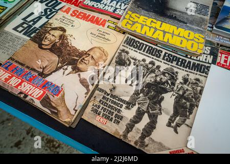 Ushuaia, Argentina. 01st Apr, 2022. 'We keep winning,' 'We keep waiting,' read the covers of magazines published at the time of the Falklands War. In 2022, Argentine President Fernandez renewed the South American country's claim to the British overseas territory. Credit: Joel Reyero/dpa/Alamy Live News Stock Photo