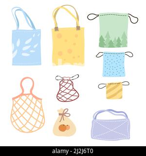 Set of colorful eco bags cartoon vector illustration. Various kits, totes, cotton nets for bulking products made of eco-friendly materials for reusabl Stock Vector