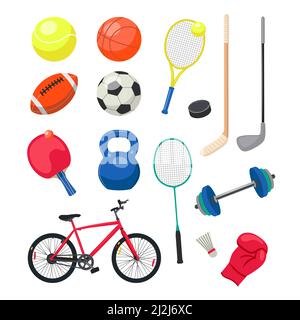 Sports objects or equipment flat vector illustrations set. Tennis, ping pong and badminton rackets, football, shuttlecock, golf stick isolated on whit Stock Vector