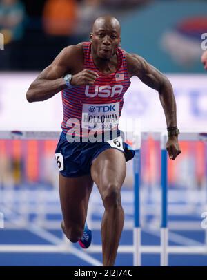 Grant Holloway USA competing in the men’s 60m hurdles semi-final on Day Three of the World Athletics Indoor Championships Belgrade 2022 at Belgrade Ar Stock Photo