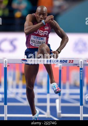 Grant Holloway USA competing in the men’s 60m hurdles semi-final on Day Three of the World Athletics Indoor Championships Belgrade 2022 at Belgrade Ar Stock Photo