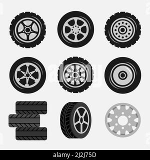 Set of car tires and alloy wheels, track traces. Cartoon vector illustration. Collection of automotive tyres with different tread patterns. Auto, tran Stock Vector